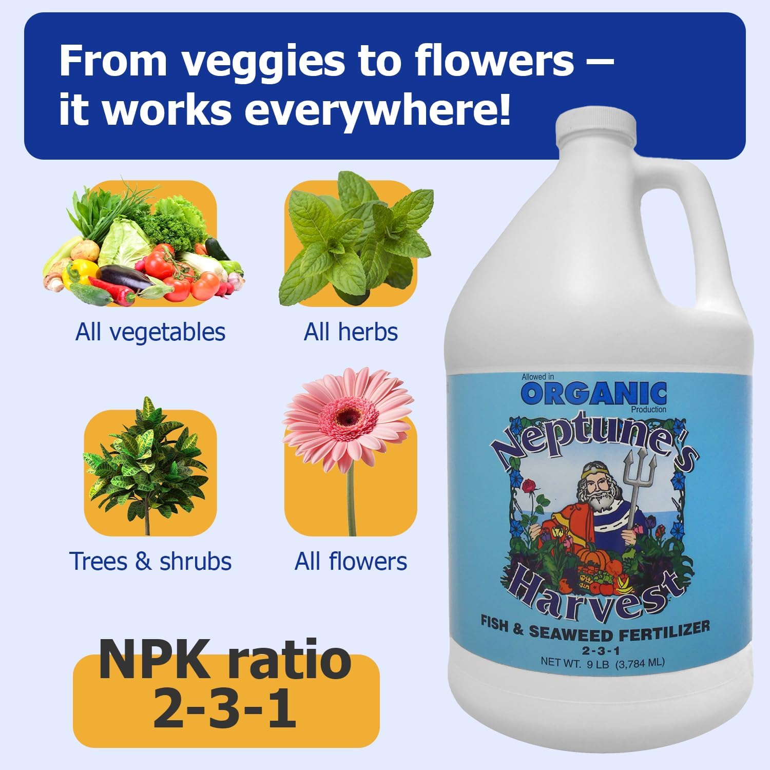 Neptune's Harvest Fish & Seaweed Liquid Fertilizer (2-3-1) - 1 Gallon Bottle - Plant Food for Garden - Indoor & Outdoor Organic Plant Fertilizer for Vegetables, Flowers, Fruit, and Lawns