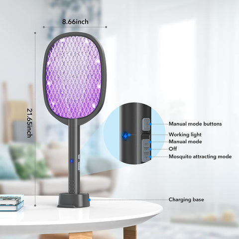 2 Pack Electric Fly Swatter 2 in 1 Bug Zapper Racket & Mosquito Zapper,4000V with USB Charging Base，Powerful Mosquito Swatter with 3 Layers of Safety Net Suitable for Indoor and Outdoor
