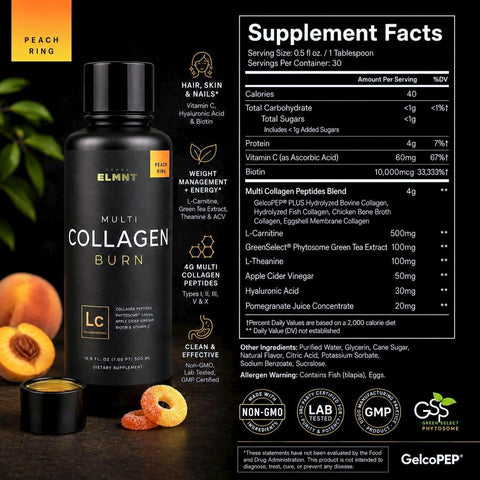 Premium Liquid Collagen for Women Weight Loss & Beauty w. Hyaluronic Acid, Biotin, L-Carnitine, ACV - Ultra Pure Multi Collagen Protein Shots Drink Hair Skin Liquid Vitamins, Colageno (Peach Ring)