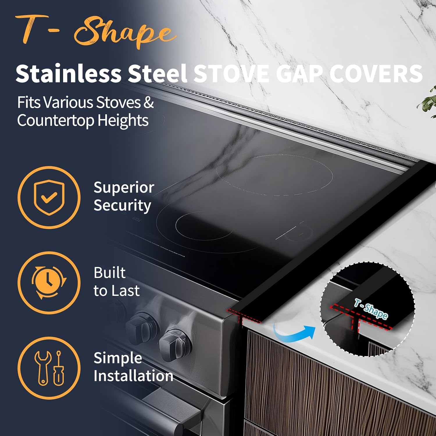 T-Shape Stove Gap Covers Stainless Steel, 2 Pack Stove Gap Filler Easy Retractable Length 13.8" to 27.5", Width 1.85" - ALMCALS Oven Gap Filler Stove Guards Range Trim Kit