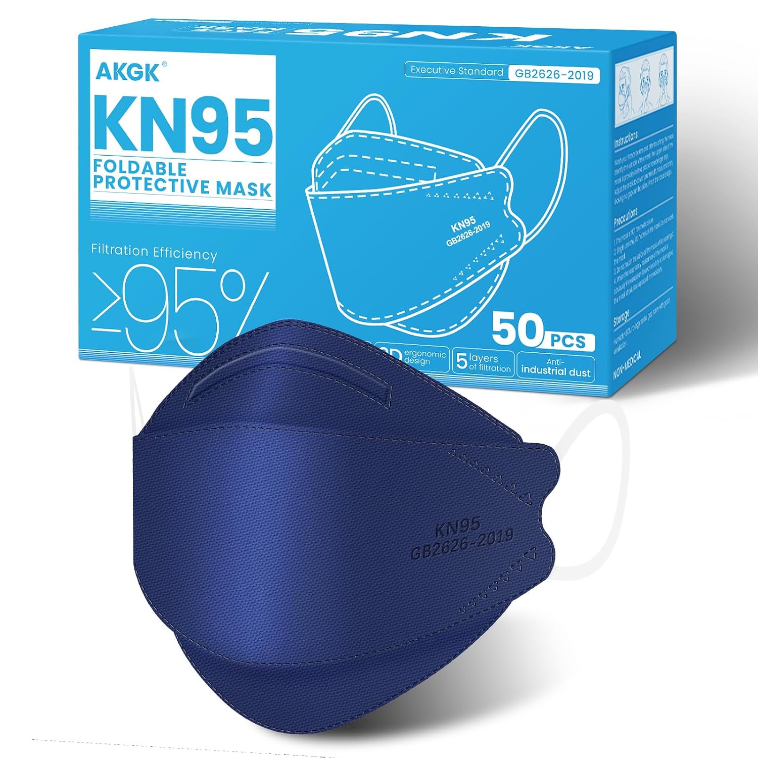 akgk KN95 Face Masks 50 Pack, 5-Ply Disposable Navy Blue Face Mask Against PM 2.5 Smoke and Dust