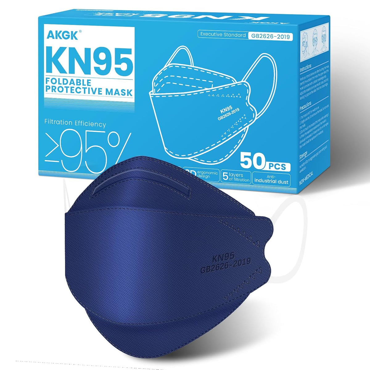 akgk KN95 Face Masks 50 Pack, 5-Ply Disposable Navy Blue Face Mask Against PM 2.5 Smoke and Dust
