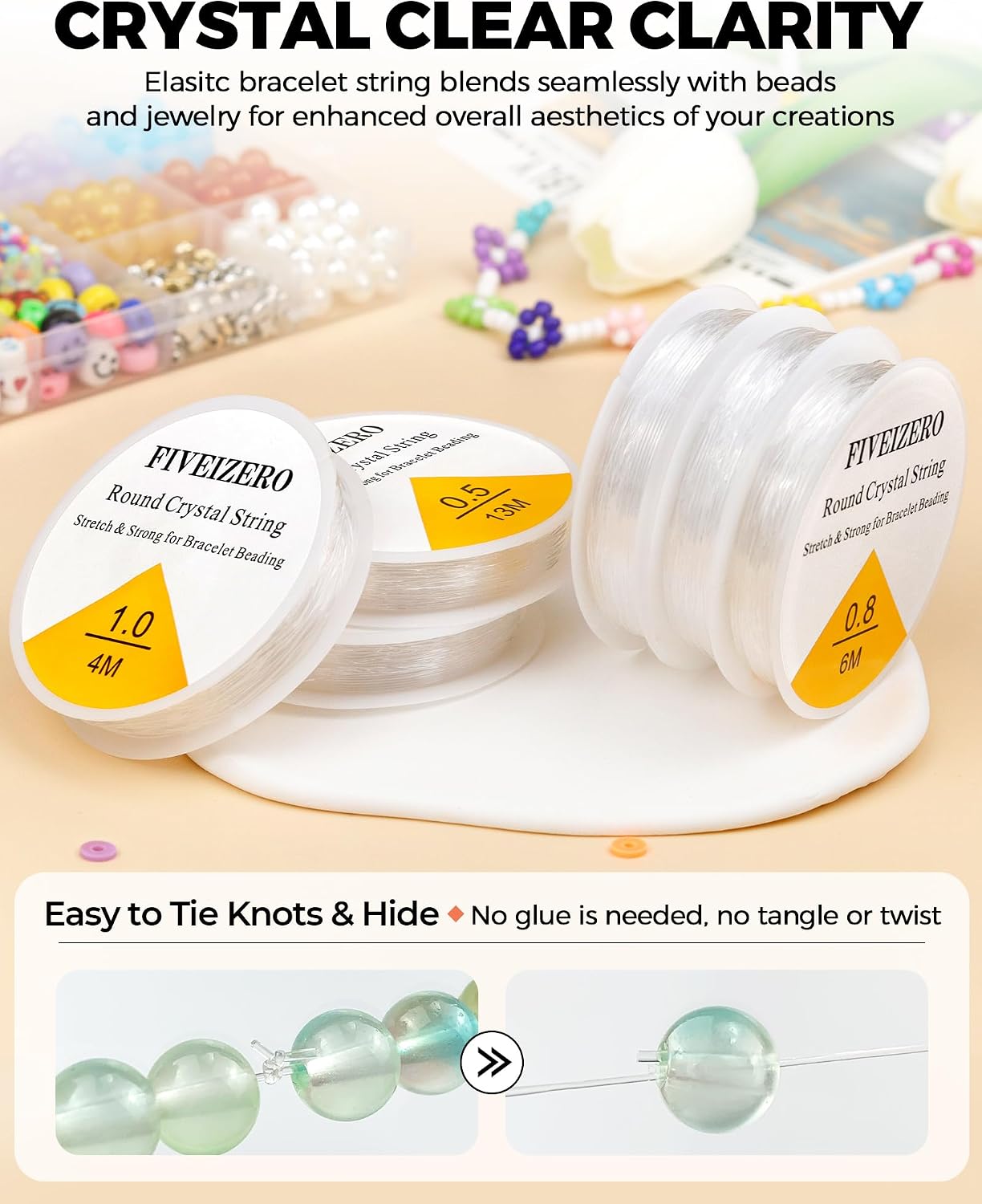 6 Rolls FIVEIZERO Elastic Bracelet String Cord, 0.4mm, 0.5mm, 0.6mm, 0.7mm, 0.8mm, 1mm Crystal Clear Stretchy Elastic Bead String for Bracelets, Jewelry Making and Clay Pony Seed Stone Beads Beading