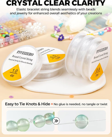 6 Rolls FIVEIZERO Elastic Bracelet String Cord, 0.4mm, 0.5mm, 0.6mm, 0.7mm, 0.8mm, 1mm Crystal Clear Stretchy Elastic Bead String for Bracelets, Jewelry Making and Clay Pony Seed Stone Beads Beading