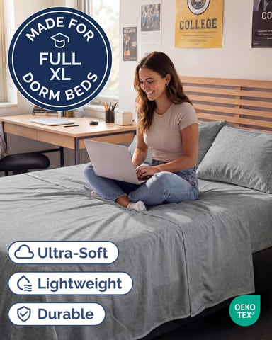 Full XL Sheets - 4 Piece Full XL Sheet Set - Breathable - Heathered Grey