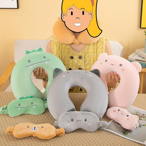 Kids Neck Pillow for Travel with Sleep Eye Mask, Cute Travel Neck Pillow, Memory Foam Flight Sleeping Headrest Pillow for Boys & Girls, Airplane, Train, Car, Home Use - Grey Cat