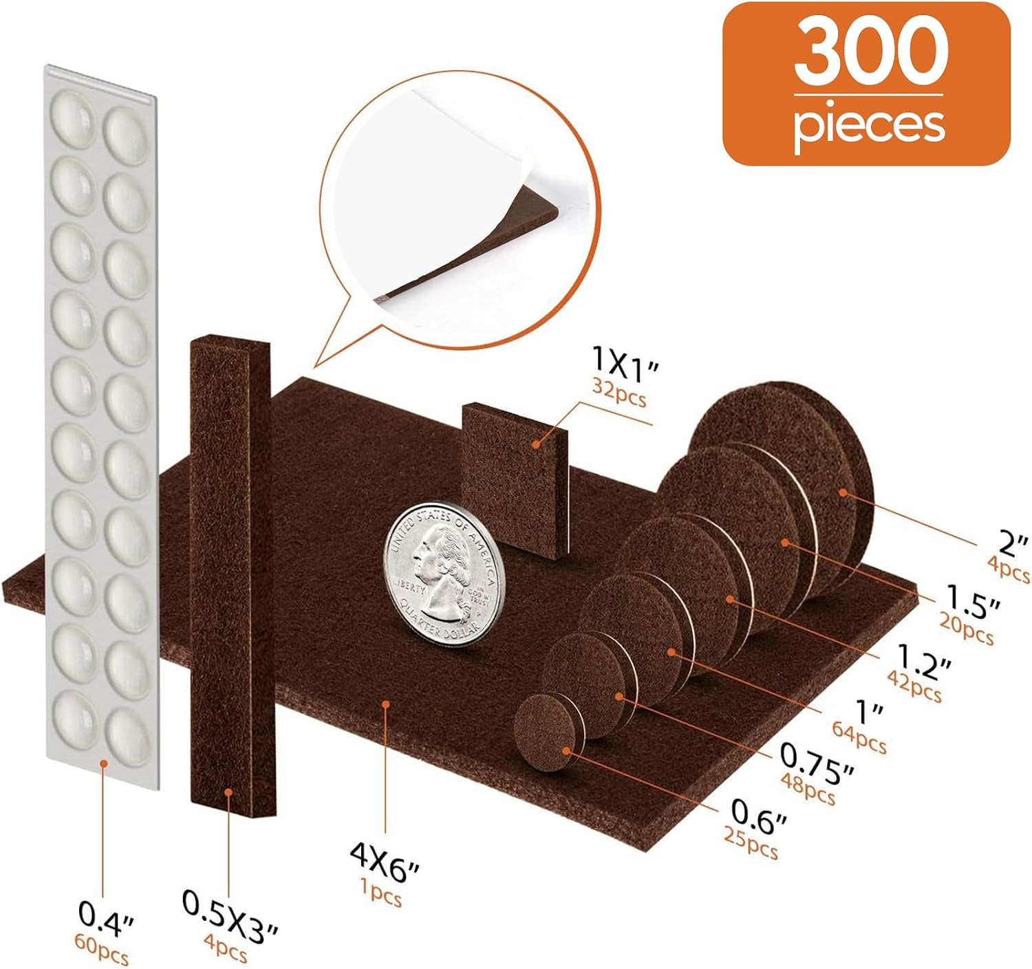 Furniture Pads Felt Pads 300 Pieces Huge Pack Furniture Felt Pads, Brown