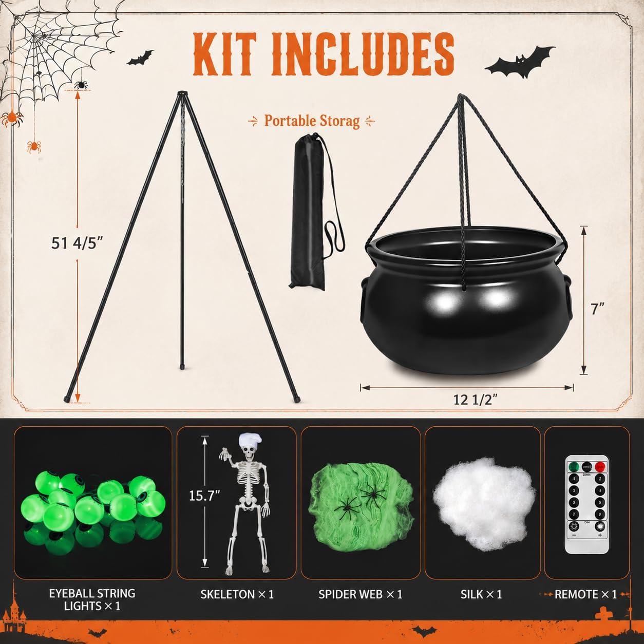 AYGXU Halloween Decorations Outdoor Indoor,Large Witches Cauldron on 52" Tripod with String Lights, Skeleton and Eyeballs,Hocus Pocus Decor,Witches Cauldron for Yard Patio Garden Lawn Decorations.