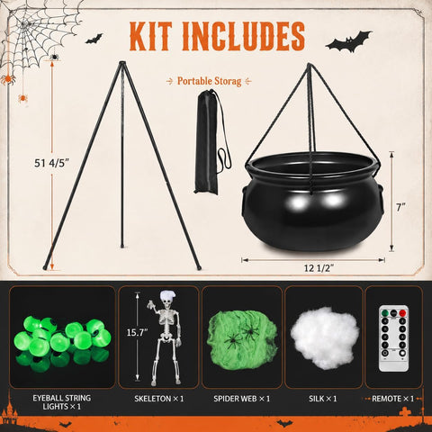 AYGXU Halloween Decorations Outdoor Indoor,Large Witches Cauldron on 52" Tripod with String Lights, Skeleton and Eyeballs,Hocus Pocus Decor,Witches Cauldron for Yard Patio Garden Lawn Decorations.