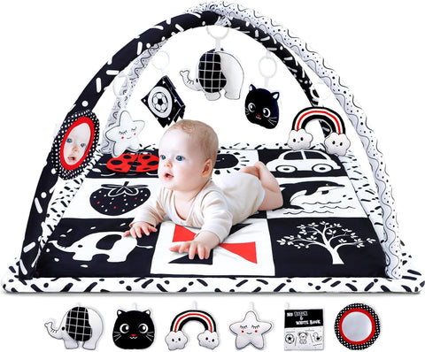 Poycuna Black and White Baby Gym Play Mat with 6 Toys Tummy Time Activity Mat for Babies 0-6 6-12 Months High Contrast Baby Gyms & Playmats Sensory Toys Newborn Brain Development Infant Play Mat
