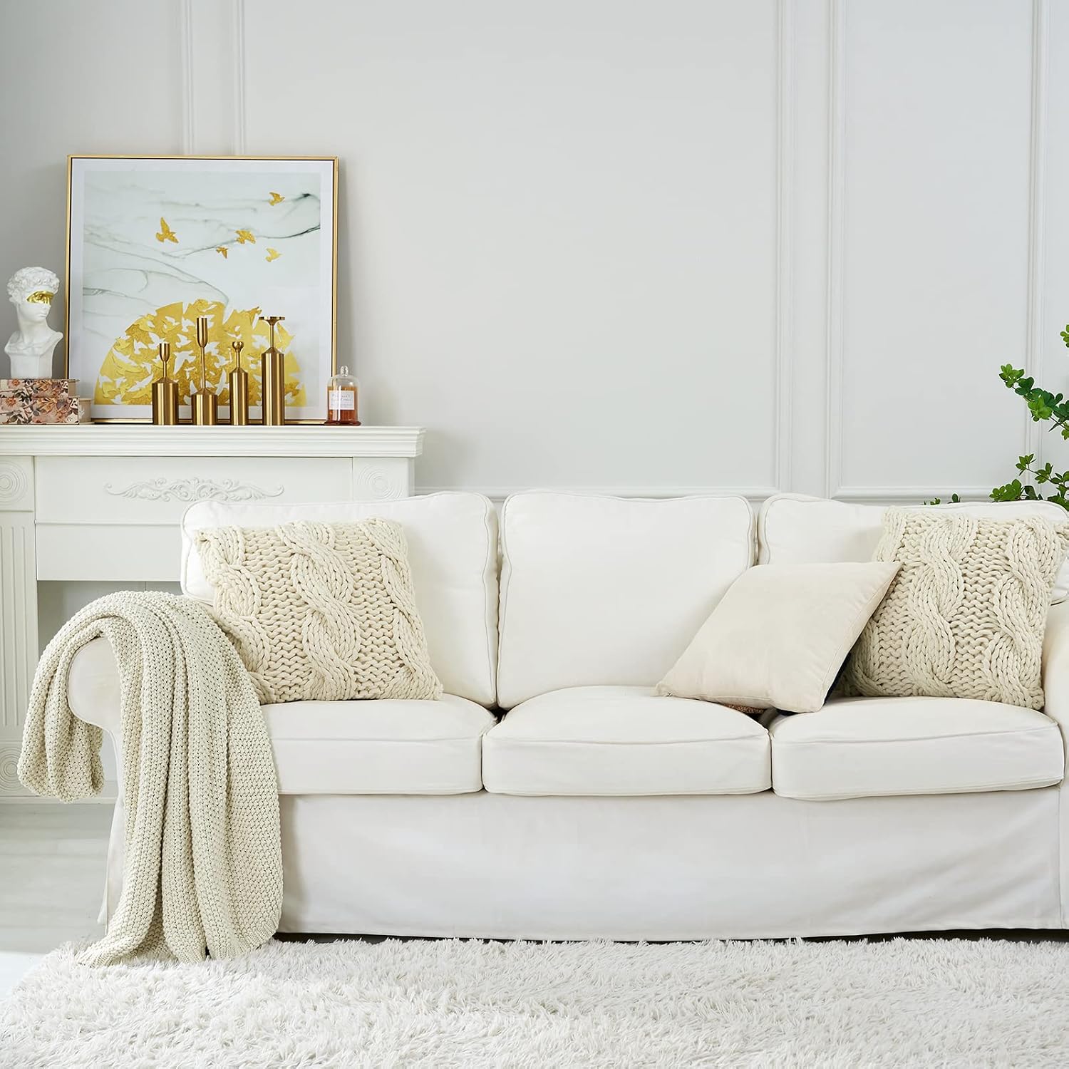 Longhui bedding Chunky Cable Knit Throw Blanket Lightweight Cream 100% Organic Cotton Blanket for Sofa Couch Bed Baby Nursery, Rustic Shabby Chic Modern Farmhouse, 51” x 63” Give Laundering Bag