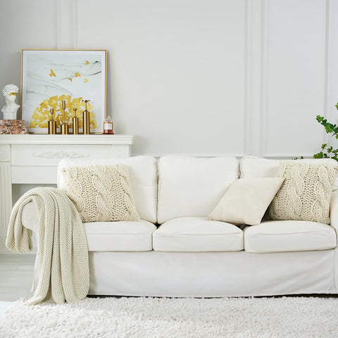 Longhui bedding Chunky Cable Knit Throw Blanket Lightweight Cream 100% Organic Cotton Blanket for Sofa Couch Bed Baby Nursery, Rustic Shabby Chic Modern Farmhouse, 51” x 63” Give Laundering Bag