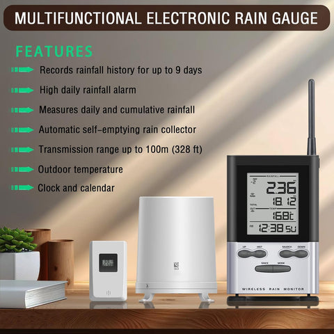Wireless Rain Gauge Outdoor with Thermometer, Digital Rain Gauges Outdoors Best Rated with Self-Emptying & Freeze Proof, Accurate Remote Rain Measure Gauge, Automatic Outside Rain Gauge for Yard