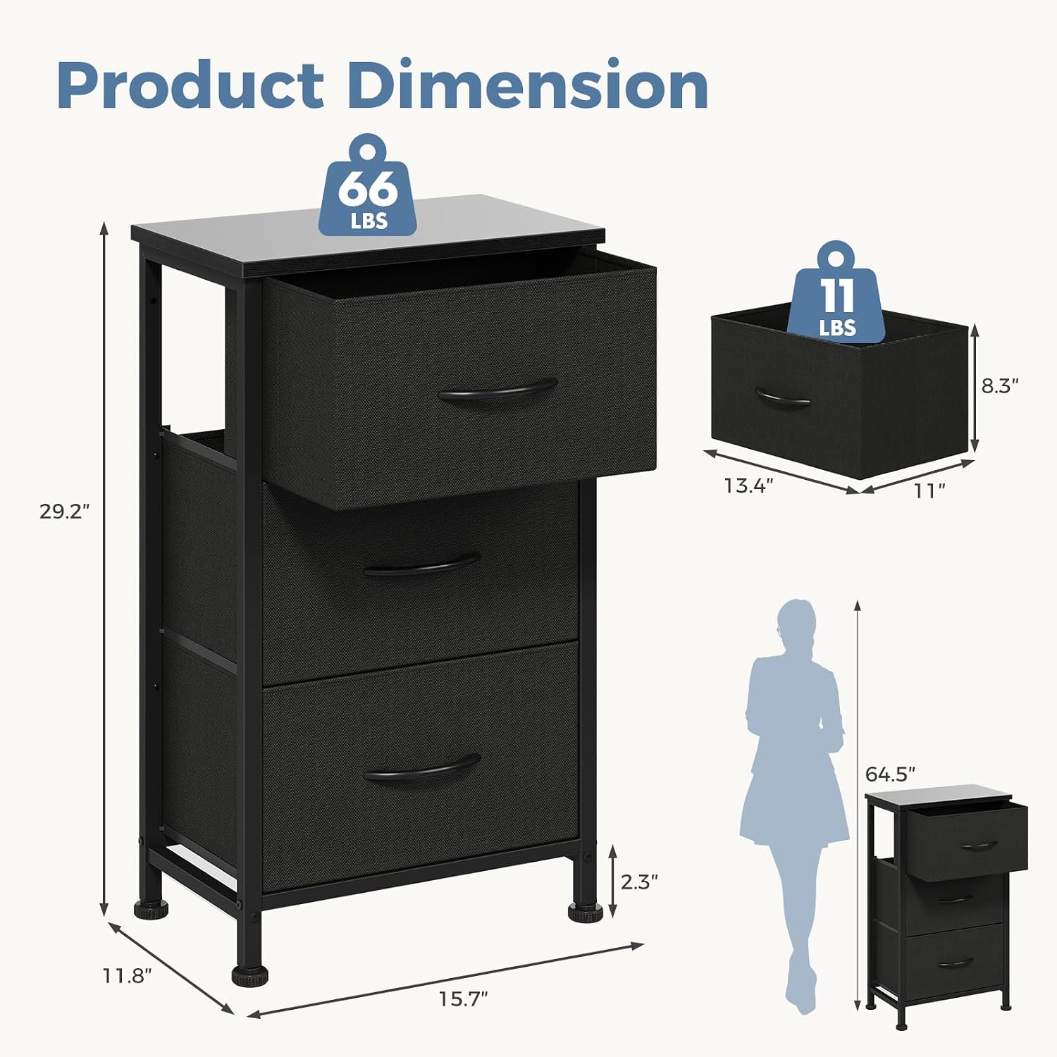 DUMOS 3 Drawer Nightstand for Bedroom, Small Night Stand Chest of Drawers