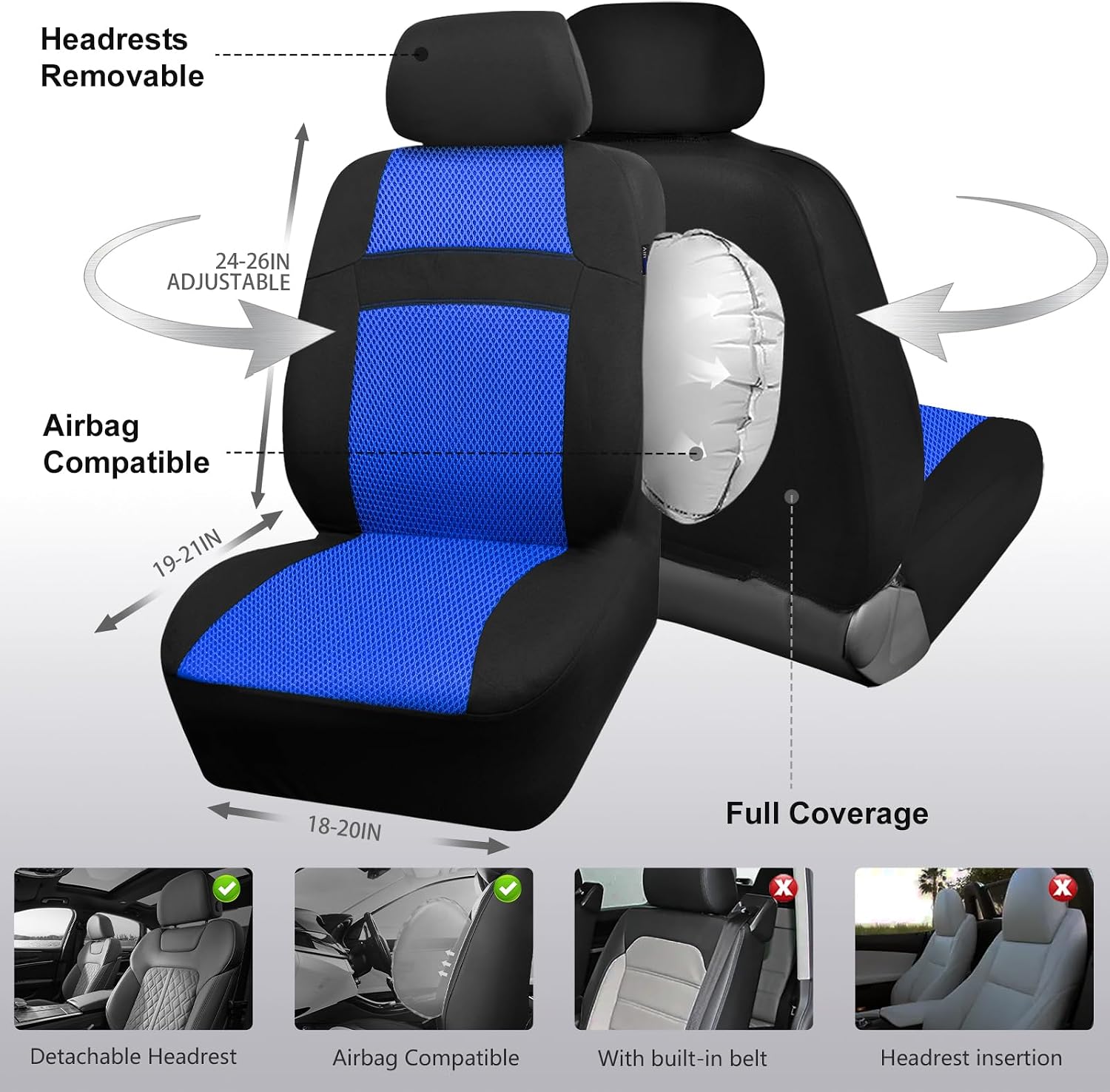 CAR PASS Car Seat Covers Front Seats Only, 3D Air Mesh Car Seat Cover with 5mm Composite Sponge Inside,Airbag Compatible Universal Fit SUV,Vans,sedans, Trucks, Automotive Interior Covers(Black Blue