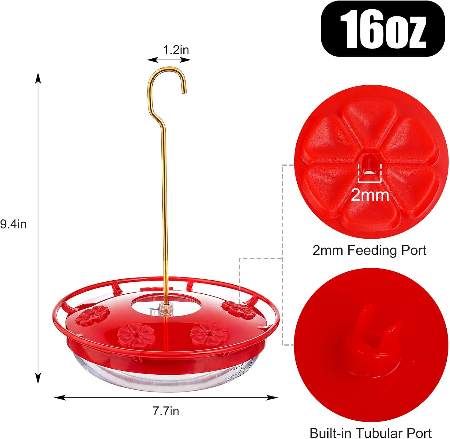 FEED GARDEN Saucer Hummingbird Feeders for Outdoors Hanging, 2 Pack 16oz Leak-Proof Nectar Feeder with Bee Guards Built-in Ant Moat, 5 Feeding Ports, Wide Mouth Easy Refill & Clean, BPA-Free,Red