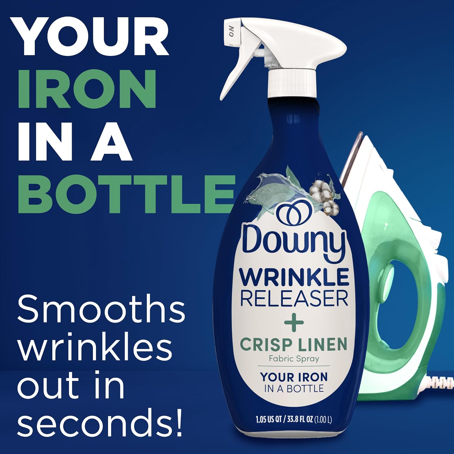 Downy Wrinkle Releaser Spray, All In One Formula, Removes Wrinkles, Static and Odor Eliminator, Crisp Linen Scent, 33.8 Fl Oz, Pack of 2 (Packaging May Vary)