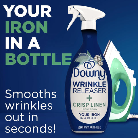 Downy Wrinkle Releaser Spray, All In One Formula, Removes Wrinkles, Static and Odor Eliminator, Crisp Linen Scent, 33.8 Fl Oz, Pack of 2 (Packaging May Vary)