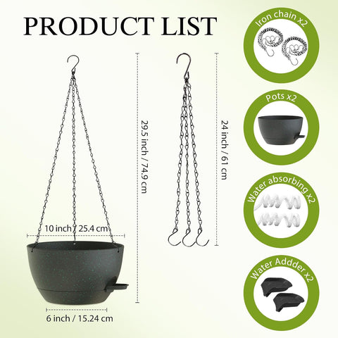10 Inch Hanging Baskets 2 PC with Chains, Self-Watering Hanging Planters for Indoor Outdoor Plants, Plastic Hanging Flower Pots,Black with Green Speckles