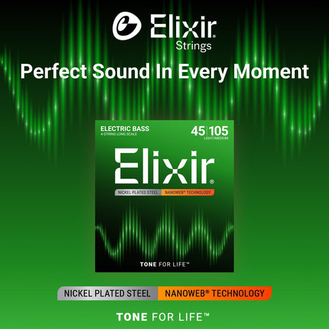Elixir Strings, Electric Bass Guitar Strings, Nickel Plated Steel with NANOWEB Technology, Longest-Lasting Warm Tone with Comfortable Feel, 4-String Set, Long Scale, Light/Medium 45-105