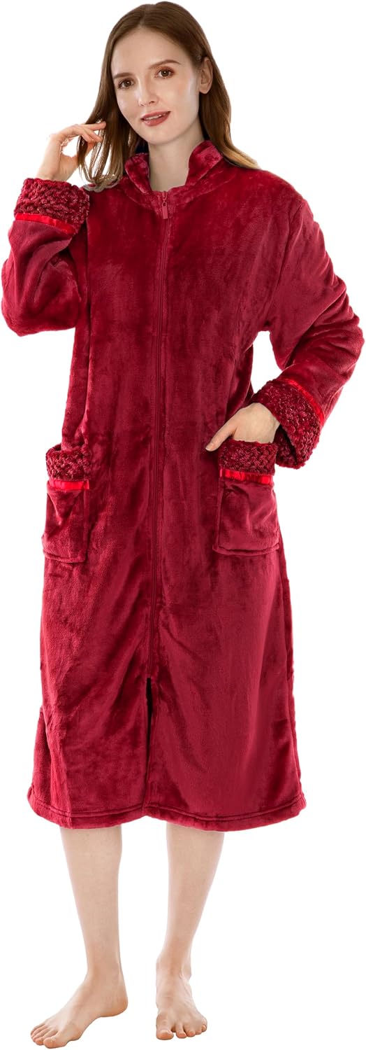 PAVILIA Womens Zip Up Robe with Pockets, Long Fleece Housecoat Bathrobe