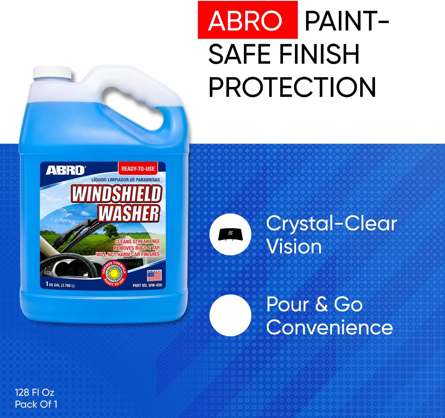 ABRO Windshield Washer Fluid 1 Gallon, Streak-Free Bug Remover
