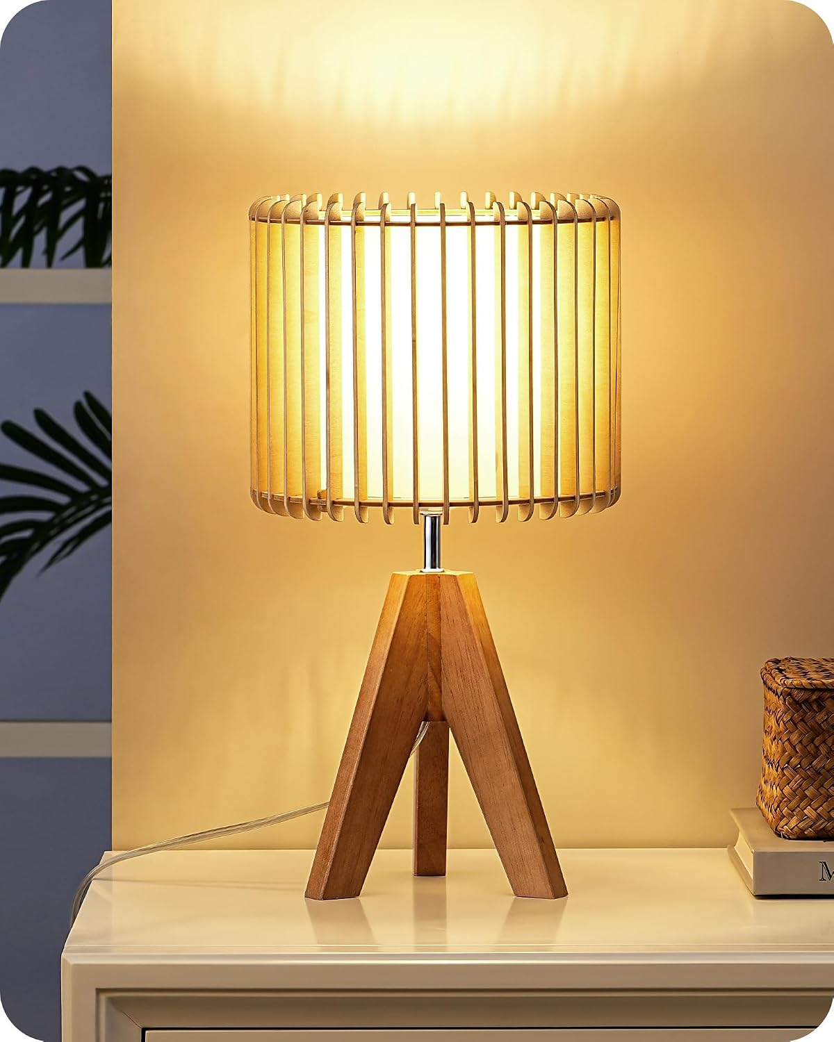 EDISHINE 14.17" Small Table Lamp, Wood-Colored Hollow Shade, E26 Base