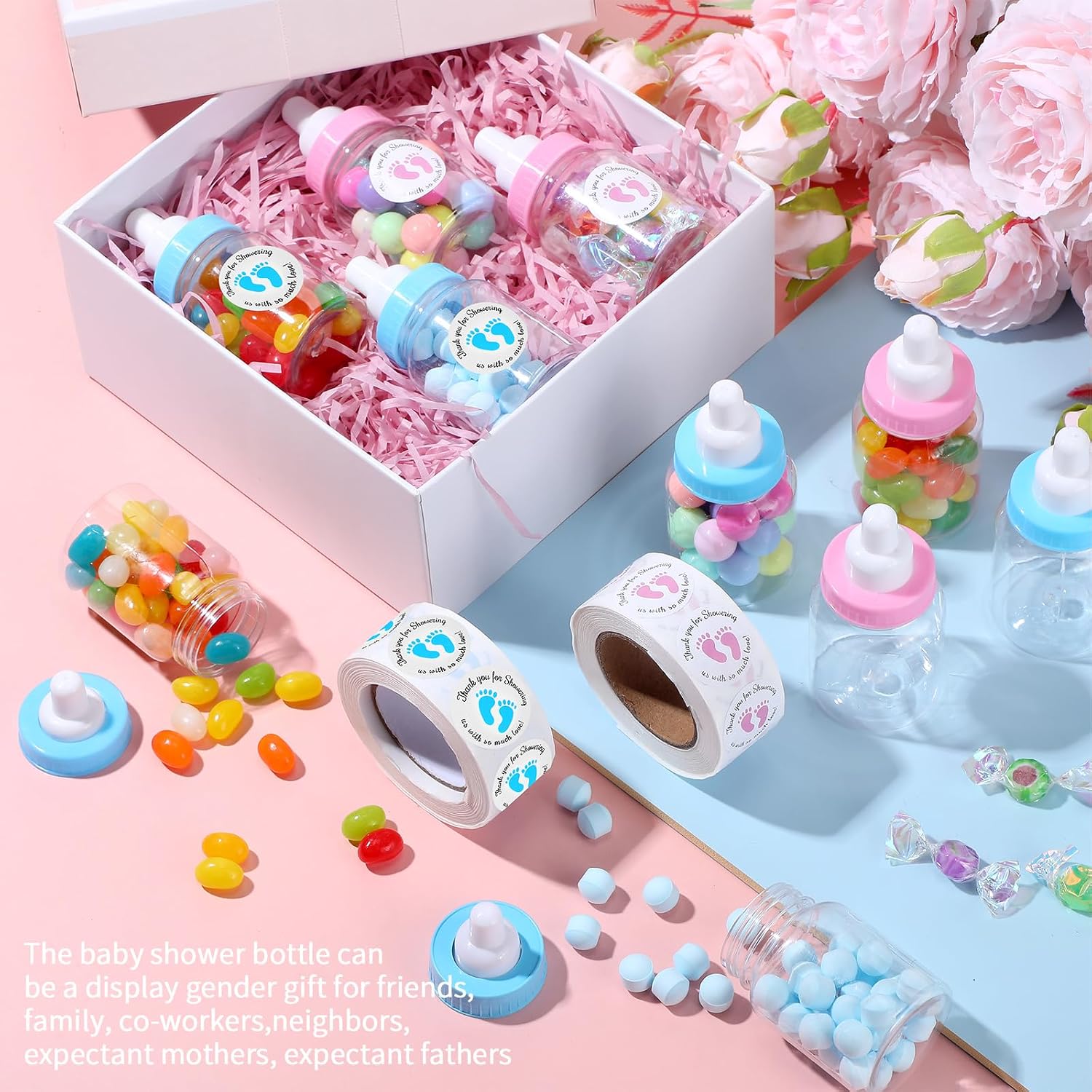 Tondiamo 48 Pcs Blue Pink Baby Shower Mini Bottle Favors 1. 5 x 3. 5 Inch Baby Shower Candy Jar Mini Milk Bottle Party Favor Fillable Gift Boxes for Birthday Party Decorations