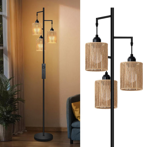 Hotsonic 72" Remote Boho Rattan Tree Floor Lamp, Tall Dimmable Industrial Standing Lamp for Living Room Bedroom, 1H Timer, 3 Individually Controlled Heads, 2 Height Options, 3 LED Bulbs Included-Black