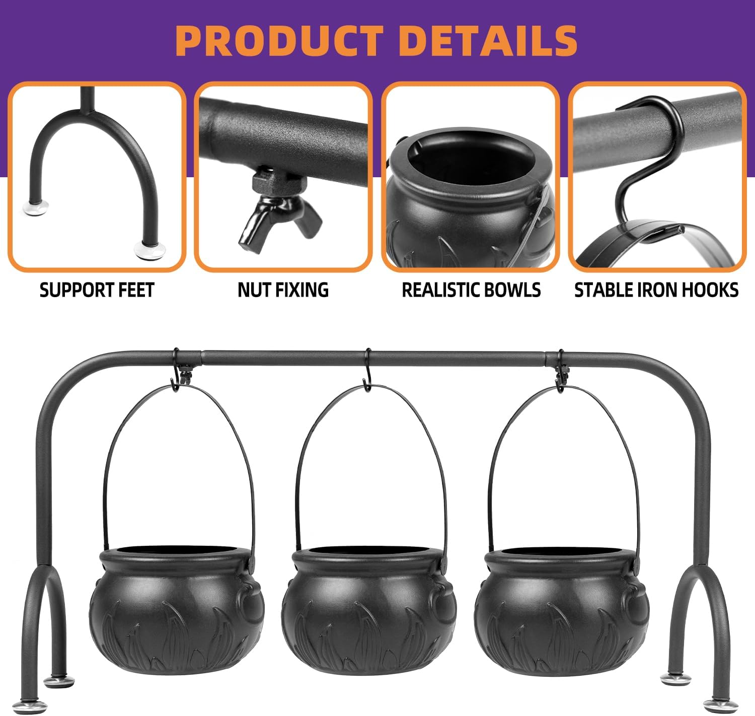 Halloween Decorations, Set of 3 Witches Cauldron Candy Serving Bowl on Rack