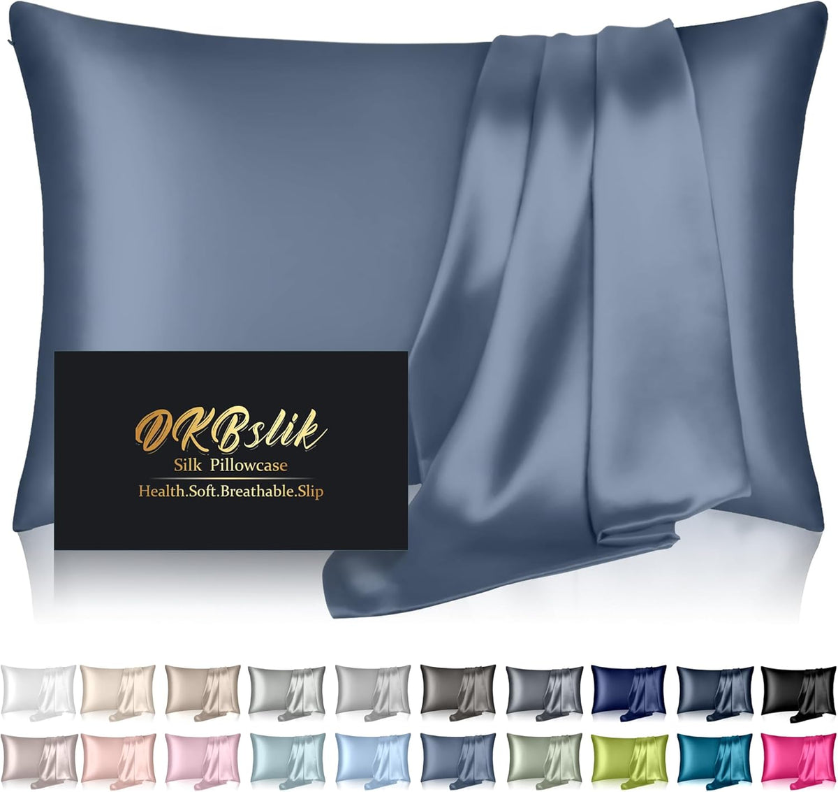Silk Pillowcase for Hair and Skin, Mulberry Silk Pillow Cases Queen Size, Soft Anti Acne Cooling Sleep Both Sides Natural Silk Satin Pillowcases with Hidden Zipper, Gifts for Women Men, Ash Blue