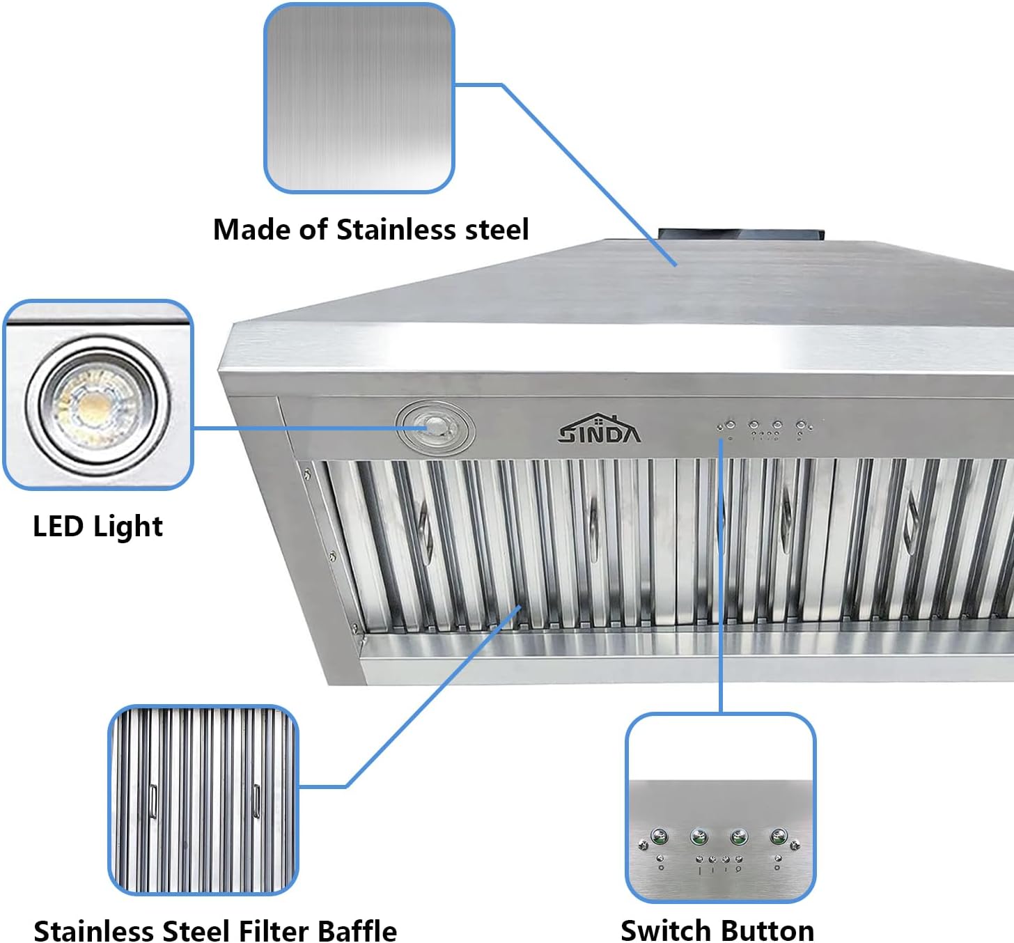 54 Inch Built-In/Insert Range Hood, 4-Speed 1260 CFM, Stainless Steel Under Cabinet Range Hood Kitchen Vent Hood with Liner and Internal Motor, 8" Duct, Adjustable Lights, Baffle Filter
