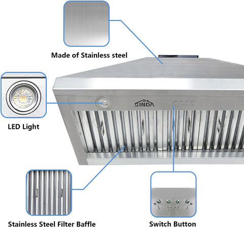 54 Inch Built-In/Insert Range Hood, 4-Speed 1260 CFM, Stainless Steel Under Cabinet Range Hood Kitchen Vent Hood with Liner and Internal Motor, 8" Duct, Adjustable Lights, Baffle Filter