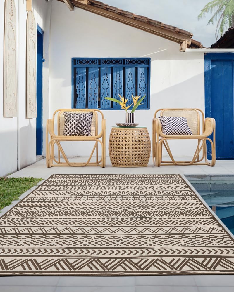 Outdoor Rug Carpet 4x6 ft, Flatweave Textured Outdoor Patio Rug Non Slip Indoor Outdoor Rugs with Rubber Particles Backing Boho Outdoor Area Rug for Patio Deck Front Porch Backyard Balcony, Brown