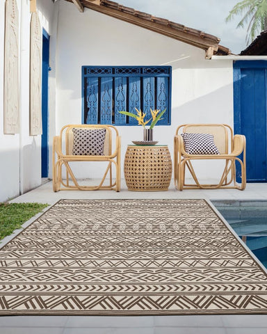 Outdoor Rug Carpet 4x6 ft, Flatweave Textured Outdoor Patio Rug Non Slip Indoor Outdoor Rugs with Rubber Particles Backing Boho Outdoor Area Rug for Patio Deck Front Porch Backyard Balcony, Brown