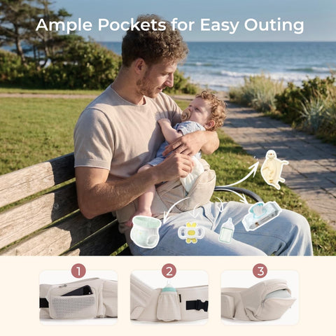 Momcozy Baby Carrier with Hip Seat, 2-in-1 Forward-Facing Carry for Active Babies, Detachable Hands-Free Carrier up to 44lbs, Breathable Infant Carrier Fits Waist Sizes up to 45 Inches, AirMesh Almond