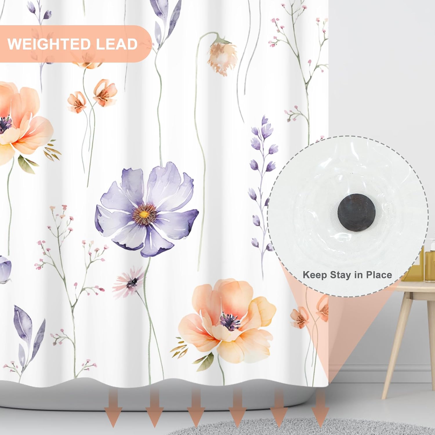 AWERT Floral Shower Curtain for Bathroom Violet Beige Flower Shower Curtain with Liner 3 in 1 Shower Curtain Set Clear PEVA Liner with 12 Rust Proof Hooks 70x70 inch