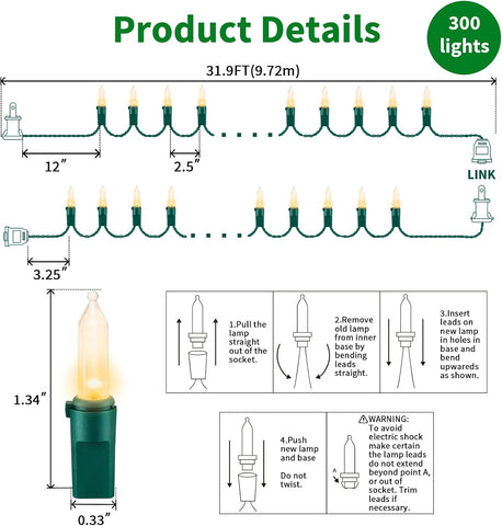 LAMPHOME Warm White Christmas String Lights 300 Count 63.8ft (2 Pack of 150L), Incandescent Mini Lights, Waterproof Outdoor Indoor Clear Christmas Lights for Xmas Tree Garland Holiday Decor