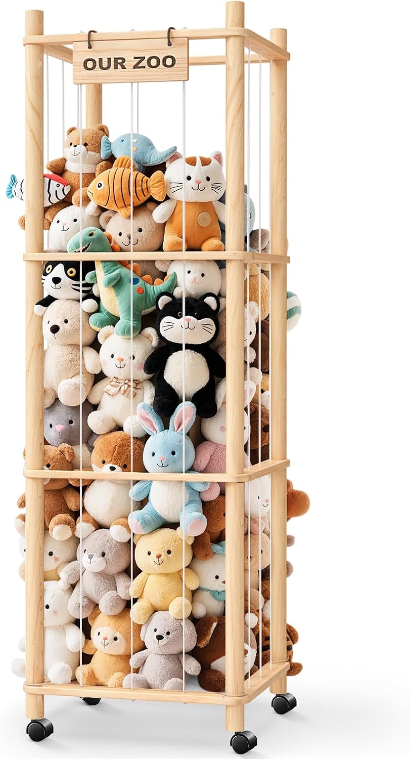 Stuffed Animal Zoo Organizer with Wheels, Plush Storage Cage