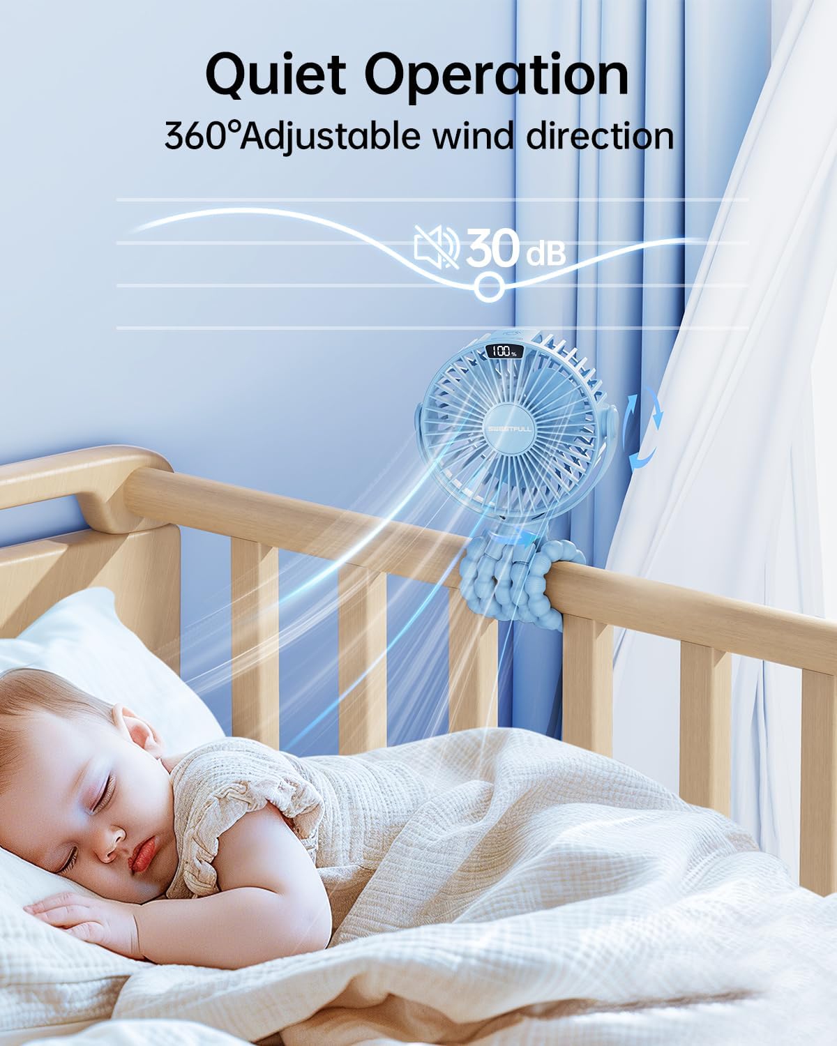 SWEETFULL Portable Stroller Fan with LED Display, 4 Speed Rechargeable Mini Clip On Fan,Built-in Non-Removable Rechargeable Battery，Sealed housing