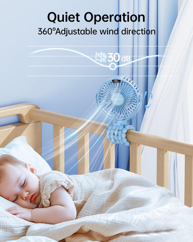 SWEETFULL Portable Stroller Fan with LED Display, 4 Speed Rechargeable Mini Clip On Fan,Built-in Non-Removable Rechargeable Battery，Sealed housing