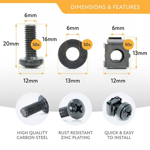 M6 Cage Nuts, Screws and Washers [Size: M6 x 16mm 50 Pack] Rack Mount Screws Hardware for use with Network and Server Rack Accessories, Routers, Cabinets and Enclosures.