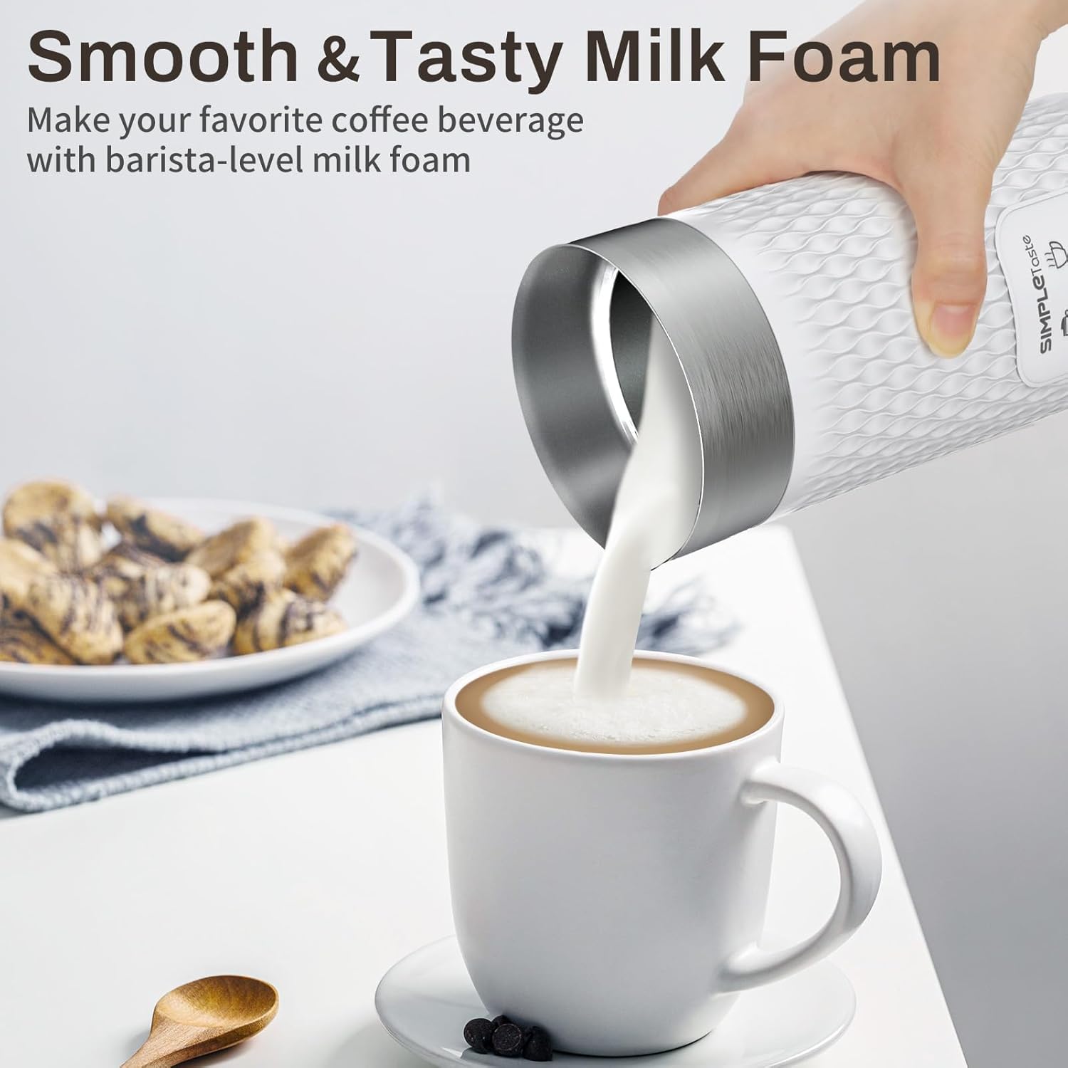 SIMPLETASTE Milk Frother, 4-in-1 Electric Automatic Milk Steamer