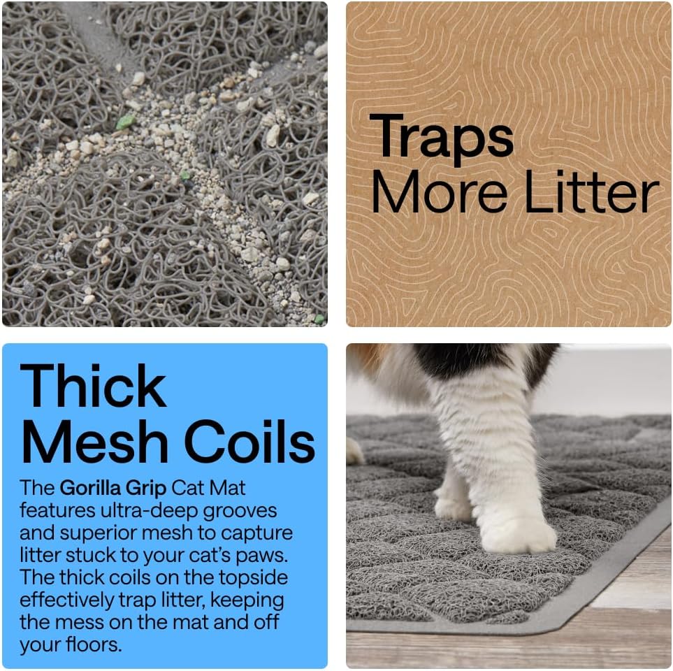 GORILLA GRIP Cat Litter Box Mat, Coiled Mesh Trapping Mats, 24x17 Gray