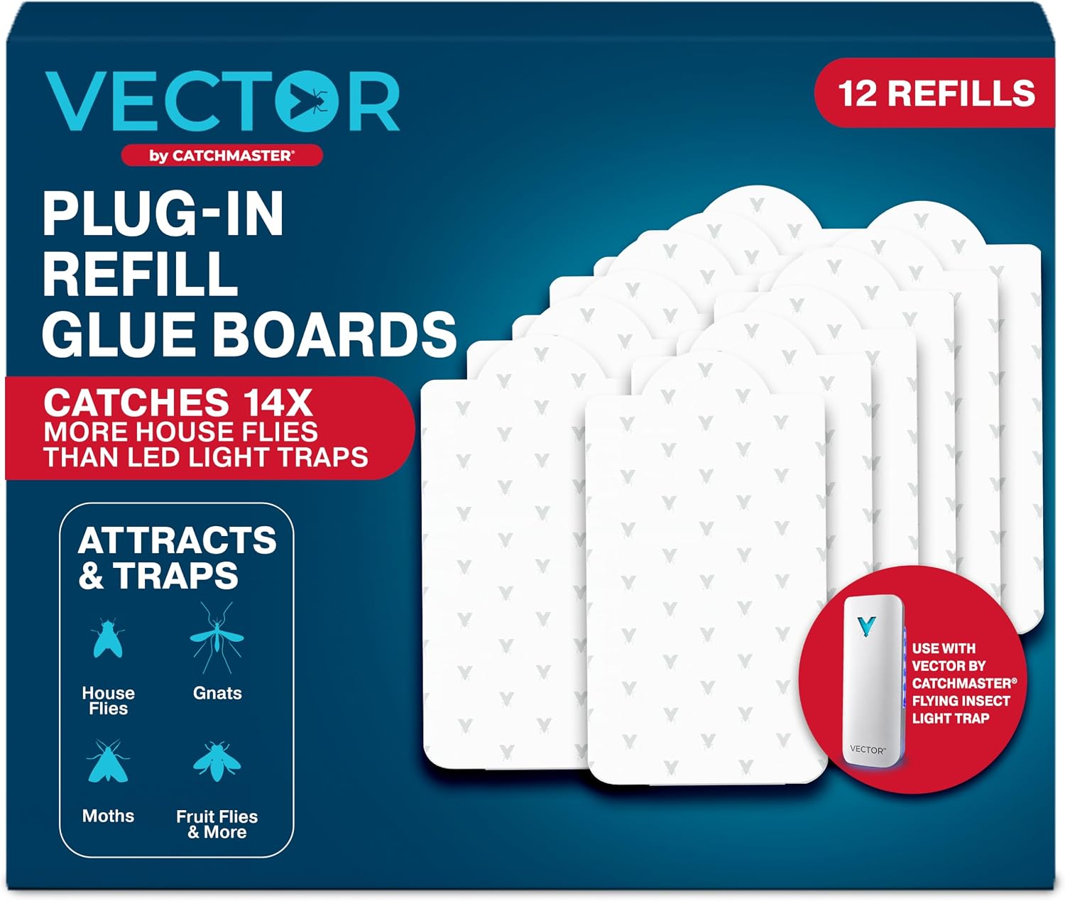 Catchmaster Vector 9 Refills 12 Pack, Plug in Fly Trap Refill Glue Boards