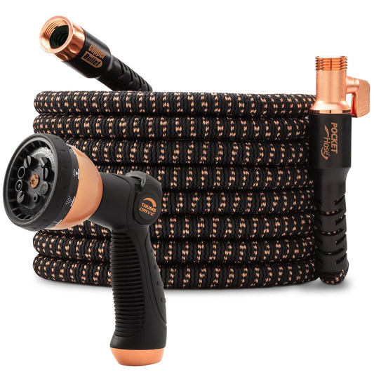 Pocket Hose Copper Bullet Expandable Garden Hose w/10 Pattern Thumb Spray Nozzle AS-SEEN-ON-TV 100 FT 650psi 3/4 in Patented Lead-Free Ultra-Lightweight Solid Copper Anodized Aluminum Fittings No-Kink