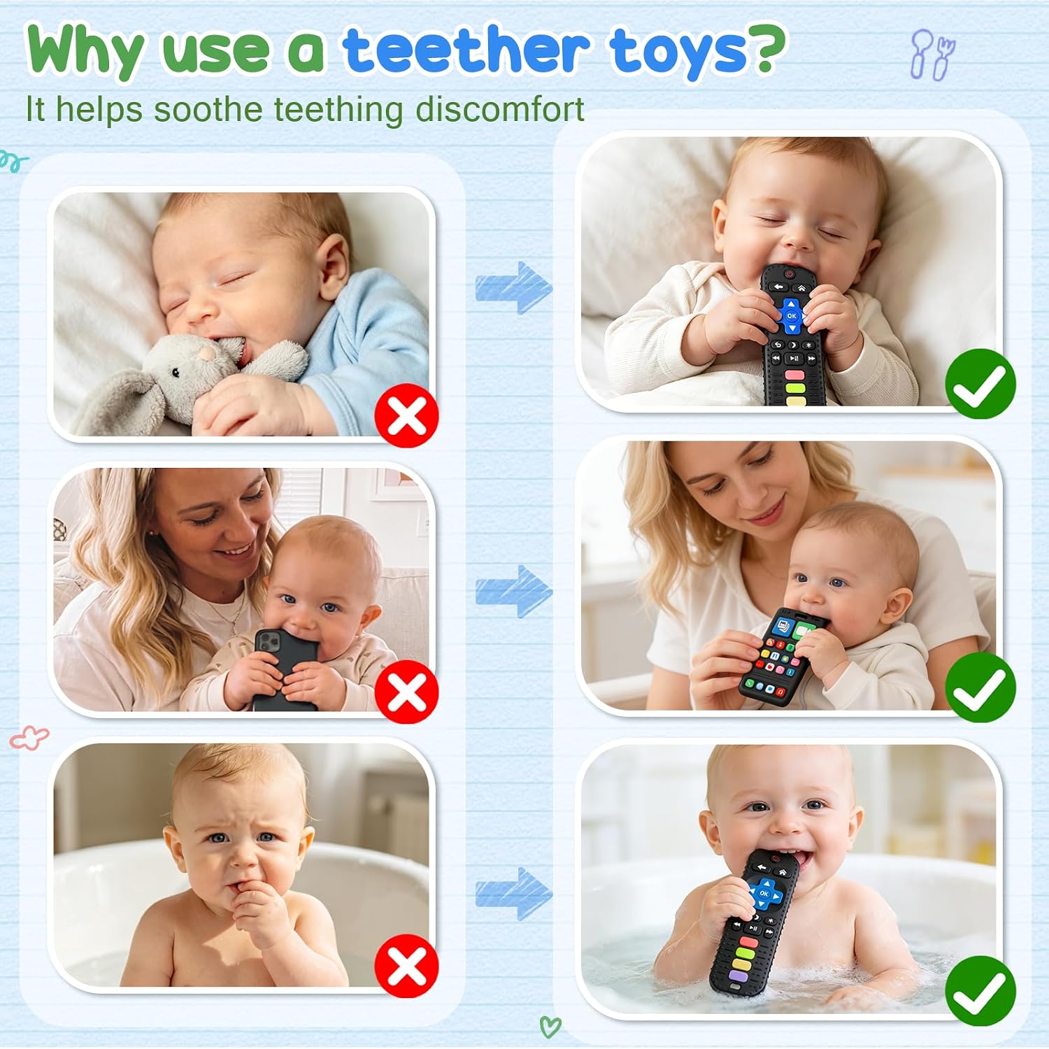2 Pack Remote & Phone Teething Toys for 0-6 6-12 Months, BPA Free Silicone