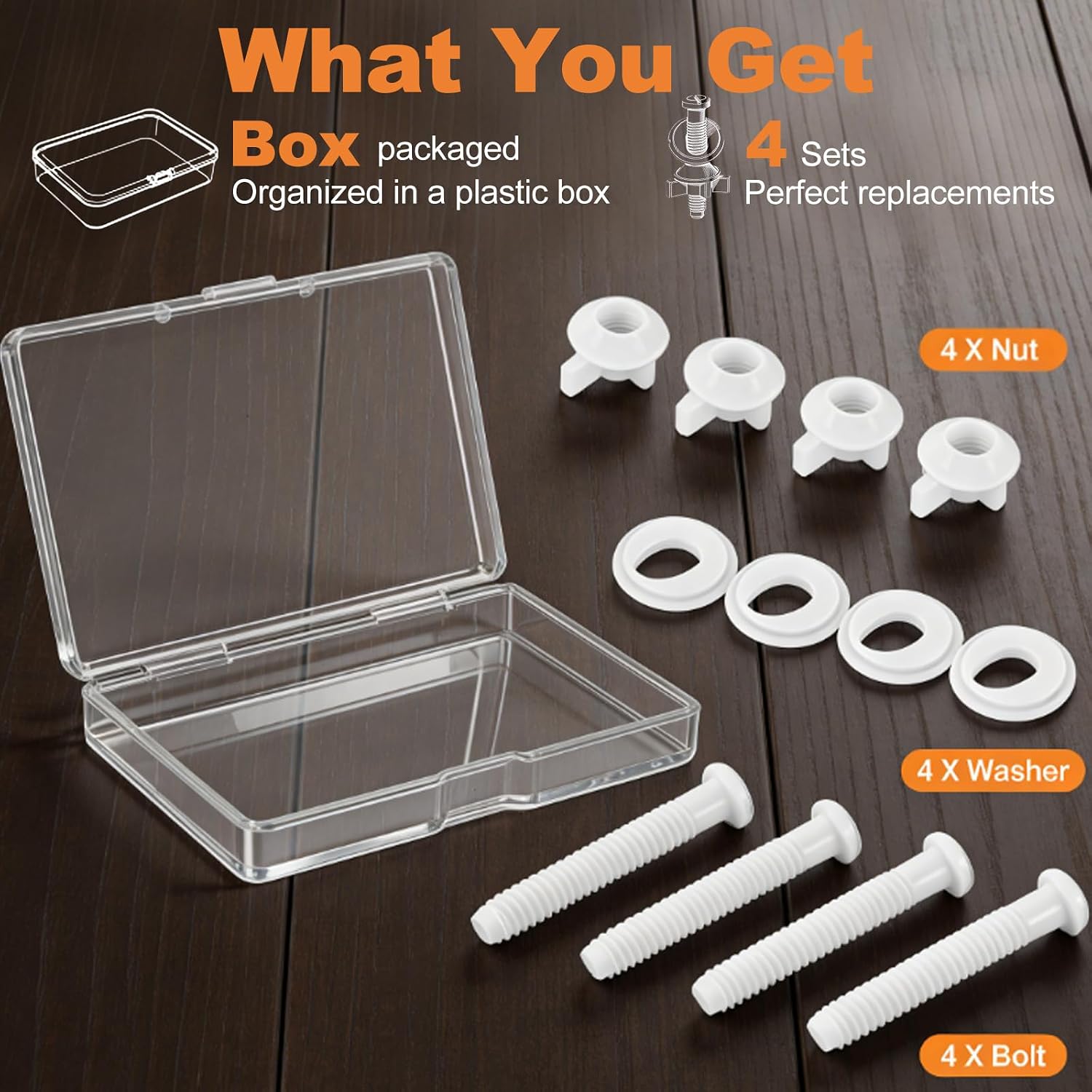 4 Pcs Toilet Seat Screws, Including Plastic Bolts, Nuts and Washers, Durable Toilet Lid Bolts Replacement Kit to Fix Loose Top, Sleek 3-in-1 Fasteners Floor Bolts & Washer Sets