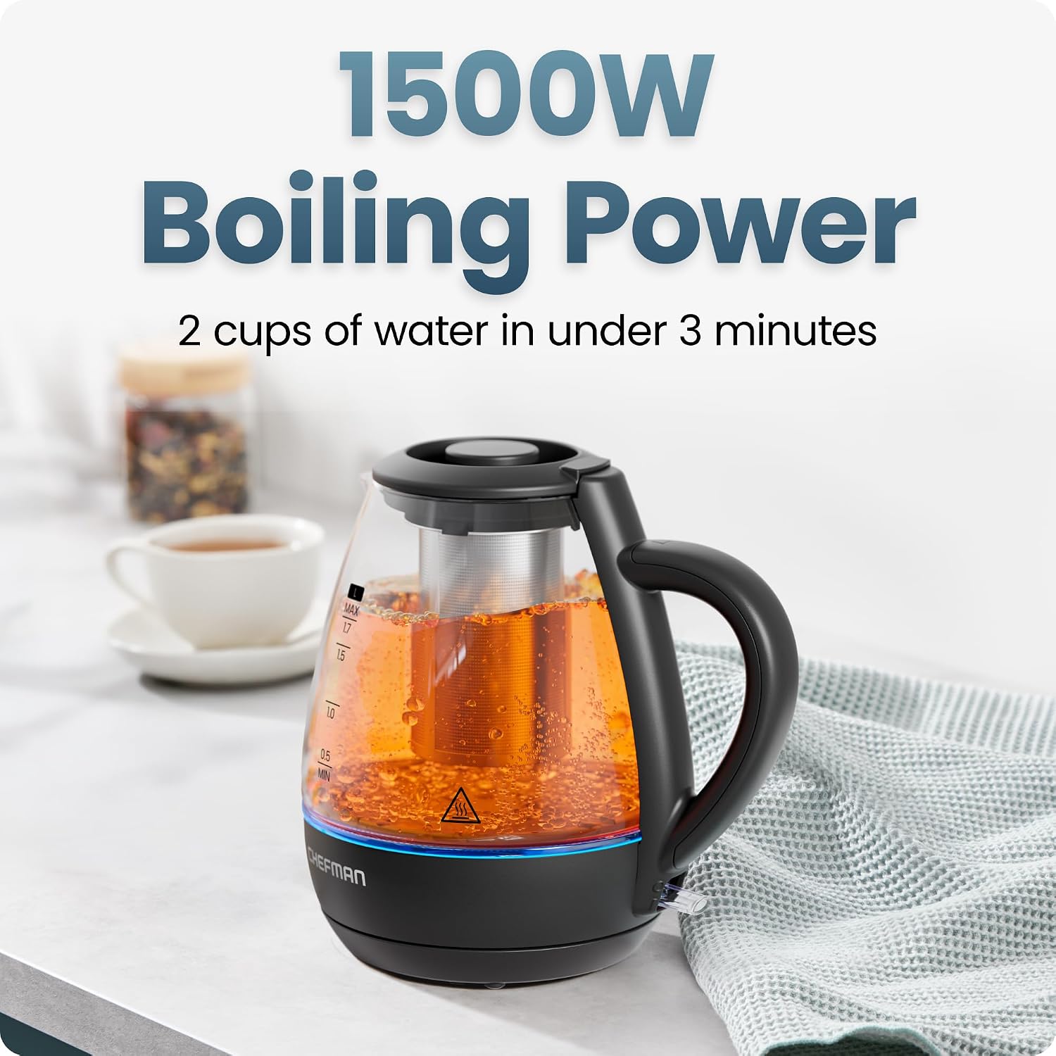 Chefman Electric Kettle with Tea Infuser, 1.7L 1500W, Removable Lid for Easy Cleaning, Boil-Dry Protection, Stainless Steel Filter, BPA Free, Auto Shut Off Hot Water Boiler, Glass Electric Tea Kettle