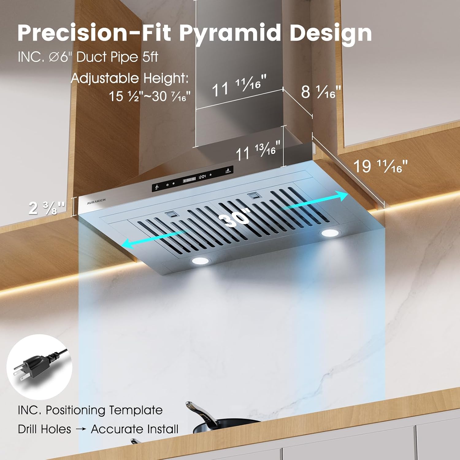 30-inch Wall Mount Range Hood, 900 CFM Full Copper Motor